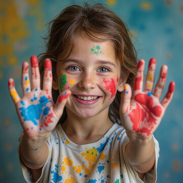 A joyful young girl with a wide smile, displaying her hands covered in vibrant multi-colored paint splatters.