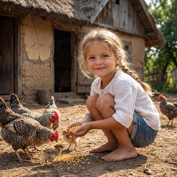 Smiling Young Girl with Blonde Braids Joyfully Feeds Baby Chicks and Adult Chickens on a Sunny Farmstead Dirt Ground.