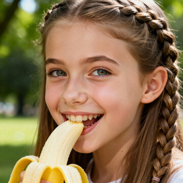 A happy young girl with braided hair joyfully eats a peeled banana in a sunlit outdoor setting