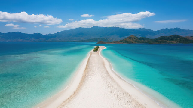Aerial view of a long white sandbar stretching into turquoise tropical ocean waters near green mountains. Tropical island paradise, exotic travel