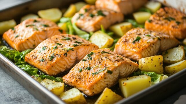Baked salmon and potatoes on tray with fresh herbs for healthy dinner. National Salmon Day