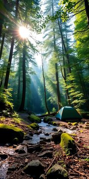 Serene forest campsite beside a babbling brook under dappled sunlight,  tranquility,  forest
