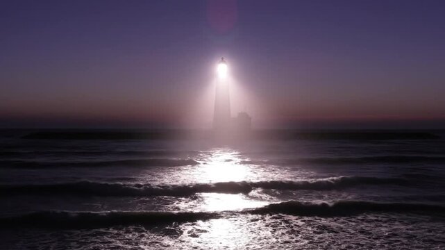 A lighthouse stands against a dark purple sky at night, its powerful beam rotating and illuminating the rhythmic waves of the sea, creating shimmering reflections on the water's surface.