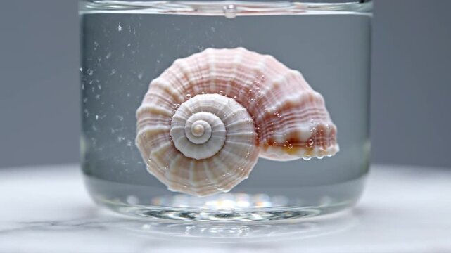 Close-up video of a delicate, pink spiraled seashell submerged in clear water inside a glass, slowly rotating on a marble base against a soft grey background.