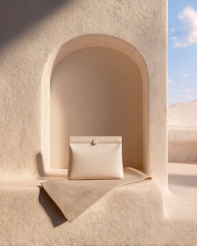 Blank doypack pouch mockup on woven fabric inside a sunlit adobe arch niche