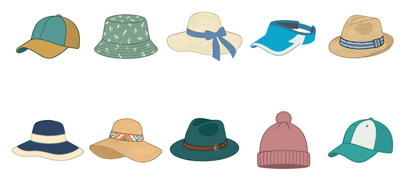A diverse collection of ten hats, including baseball caps, bucket hats, fedoras, sun hats, and a beanie, are neatly arranged on a clean white background.