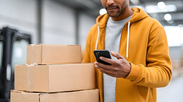 Courier checks multi-stop delivery details using a smartphone while by boxes