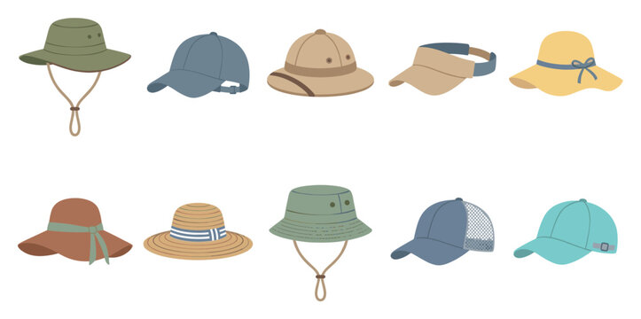 A collection of ten different illustrated hats, including sun hats, baseball caps, and pith helmets, arranged in two rows on a clean white background.