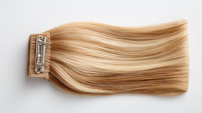 Vue de dessus d'une extension de cheveux professionnelle &agrave; clip m&eacute;tallique, de couleur blond miel. Isol&eacute; sur fond blanc