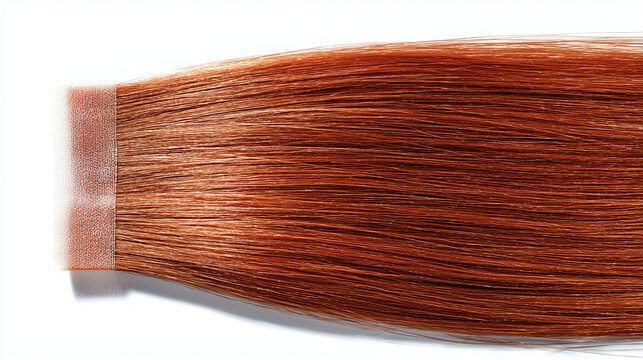 Vue de dessus d'une extension de cheveux professionnelle &agrave; coller avec une bande adh&eacute;sive, de couleur roux cuivr&eacute;. Isol&eacute; sur fond blanc