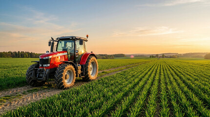 red tractor working in lush green farmland at sunset for agriculture loans government schemes and rural development concept