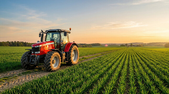 red tractor working in lush green farmland at sunset for agriculture loans government schemes and rural development concept