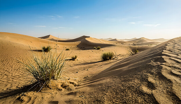 Desert sand dunes with grass and ripples under blue sky