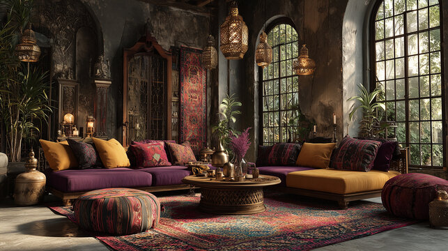 エキゾチックなボヘミアン調リビング、カラフルなクッションとオリエンタルなランタン