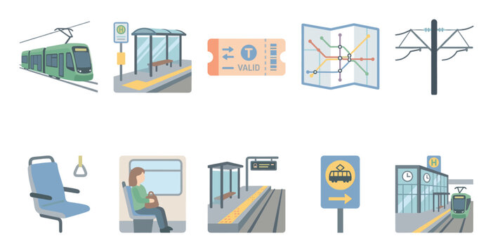 Collection of flat design icons representing various aspects of public tram and train transportation, including stations, tickets, and seating.