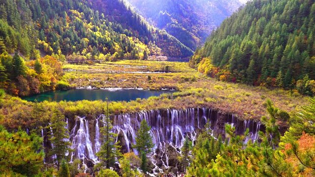 Nuorilang waterfall in Jiuzhaigou national park, China. Autumn in Sichuan.