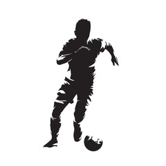 Soccer player running with ball, football, isolated vector silhouette. Front view