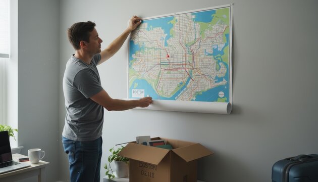 Man hanging a Boston city map poster on a wall, relocating to a new apartment 