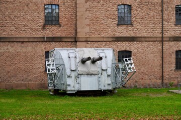 Grey painted gun turrets outside the main building of the navy museum in Horten, Norway. © Norwegian Outdoors