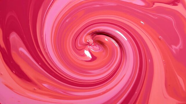 Swirling pink and orange paint creates a mesmerizing spiral pattern in a close-up view, showcasing the vibrant colors blending together in a fluid motion