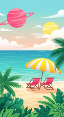 Obraz premium Digital art of beach with pink chair, yellow umbrella, palm. A planet with rings hovers above, symbolizing relaxation and summer vacation destination