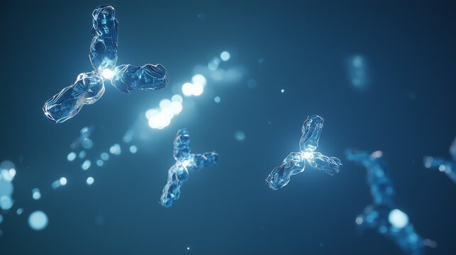 Abstract 3D illustration of antibodies or Y-shaped molecules in liquid, medical immune system concept background