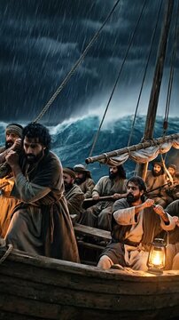 Disciples sailing boat to Capernaum in dark, vertical video