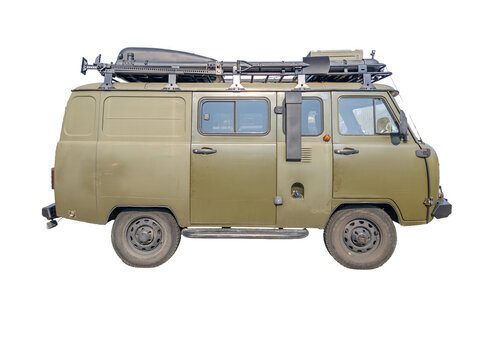 Off-road camper van (UAZ Bukhanka) side view , ik kaki colors, outdoor adventure van. Russian brand transport van. Transparent background.