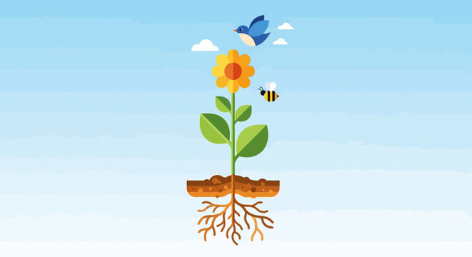 This flat design illustrates a perfectly balanced ecosystem, showcasing the harmonious interaction of various natural elements from soil to sky.