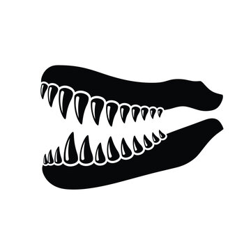 Black and white silhouette of open crocodile jaws with sharp teeth