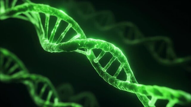 Vibrant Green DNA Helix Structure Rotating in Dark Space, Genetic Research and Biotechnology Concept.