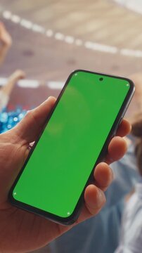 Vertical Screen. Close-up of Hand Holding a Green Screen Smartphone Mockup During a Packed Soccer Championship in Stadium With Cheering Fans, Raised Arms. Betting App and Screen Insert Concept.
