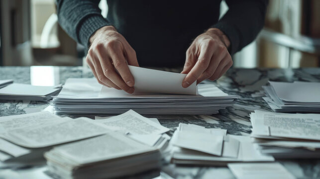 Man organizing paperwork and sorting documents at desk in office workflow management concept