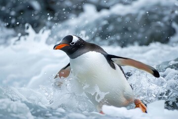 Fototapeta premium Gentoo penguin running and splashing through foamy water