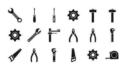 Obraz premium Extensive collection of essential hand tools and mechanical equipment icons for various repair, construction, and maintenance projects, perfect for graphic design