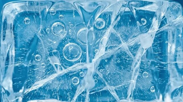 Macro detail of ice block with intricate cracks and air bubbles, creating a cool blue abstract texture background