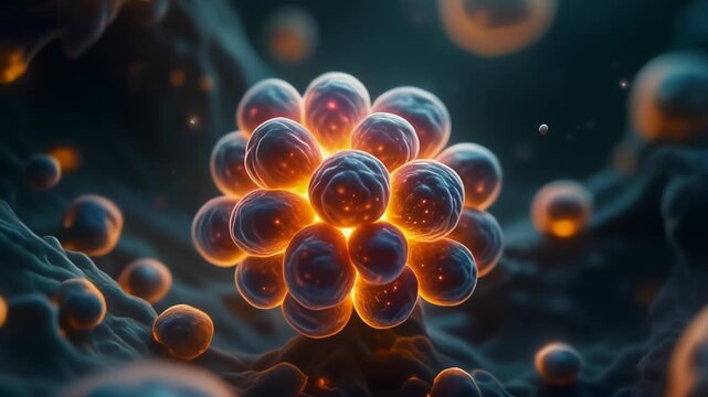 Microscopic view of cells dividing and multiplying in a biological process.