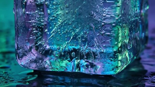 Abstract close-up of vibrant neon ice block with intricate cracks and bubbles on wet surface, showcasing cool light textures.