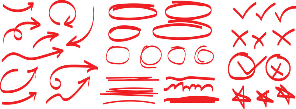 Line pen red highlight arrow set. Line pen hand drawn marker stroke red underline, check mark. Vector elements strokes pencil or charcoal bubbles wavy. chalk and brush stroke vector elements. Hand-dra