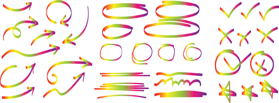 Line pen red highlight arrow set. Line pen hand drawn marker stroke red underline, check mark. Vector elements strokes pencil or charcoal bubbles wavy. chalk and brush stroke vector elements. Hand-dra