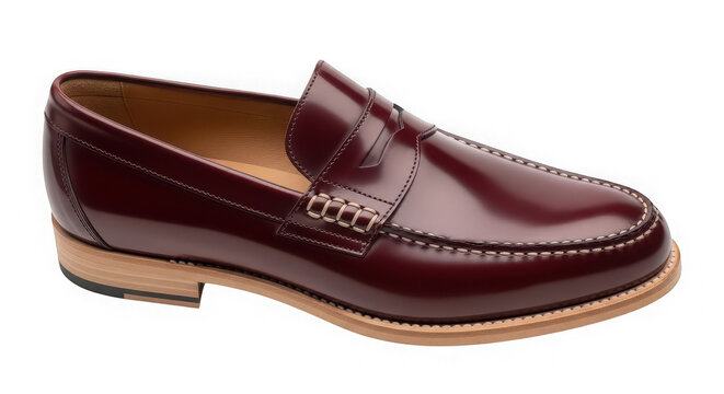 Classic burgundy leather penny loafer shoe isolated on transparent background