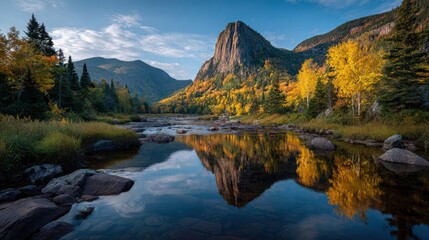 Fototapeta premium Serene mountain landscape with river reflection.
