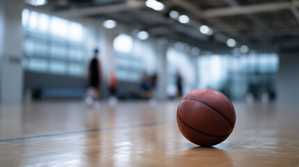 Naklejka premium basketball ball, indoor court, gymnasium, sports training, team practice, basketball arena, hardwood floor, game equipment, athletic facility, basketball practice, school gym