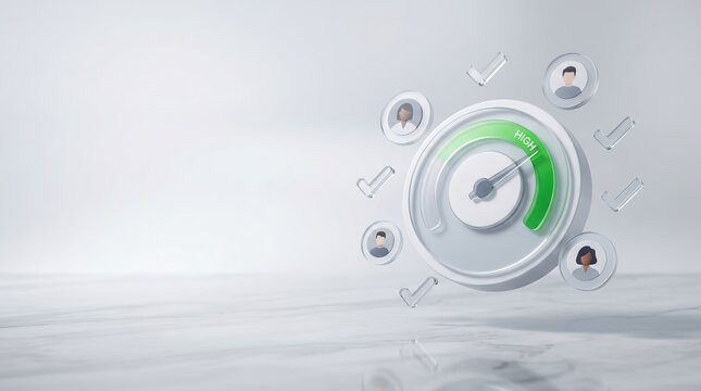 Excellent credit score meter with stacked coins and miniature figures for loan approval