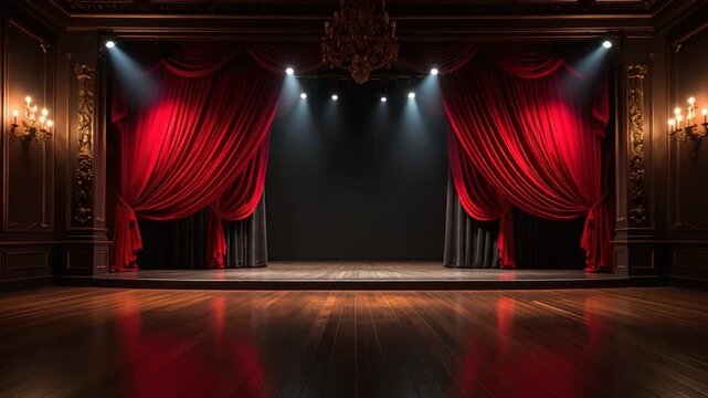 Elegant theater stage with red curtains and spotlights, ornate decor and wooden floor