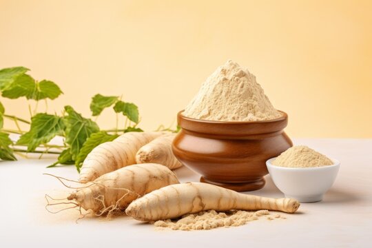 Pueraria mirifica plant roots and beige powder preparing natural herbal supplements