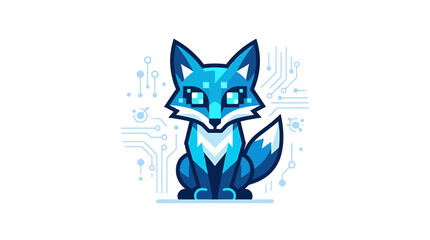 Fototapeta premium Digital Fox Mascot, Pixel Art Style, Blue Tones, Circuit Board Background