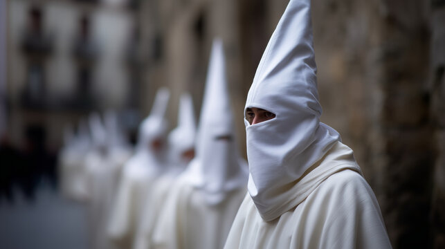 Traditional hooded penitents in white robes during Easter in Spain, Semana Santa procession, Catholic Holy Week ritual, sacred devotion and religious heritage Easter in Spain, Sema