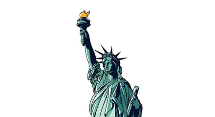 Fototapeta premium Graphic illustration of the Statue of Liberty holding a small yellow teapot instead of her traditional torch, set against a plain white background.