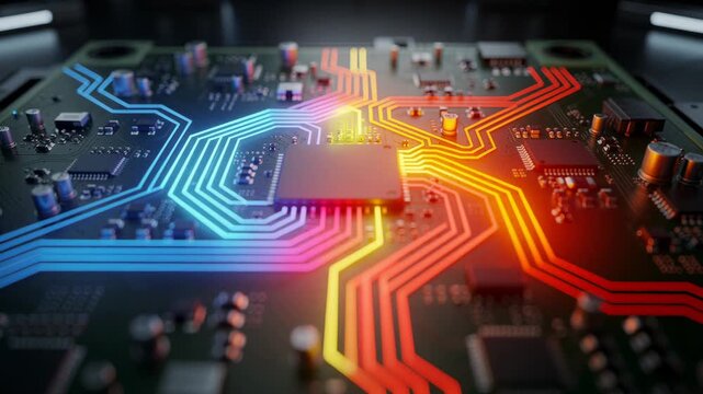 Close up of colorful glowing circuit board with electronic components and microchips technology concept